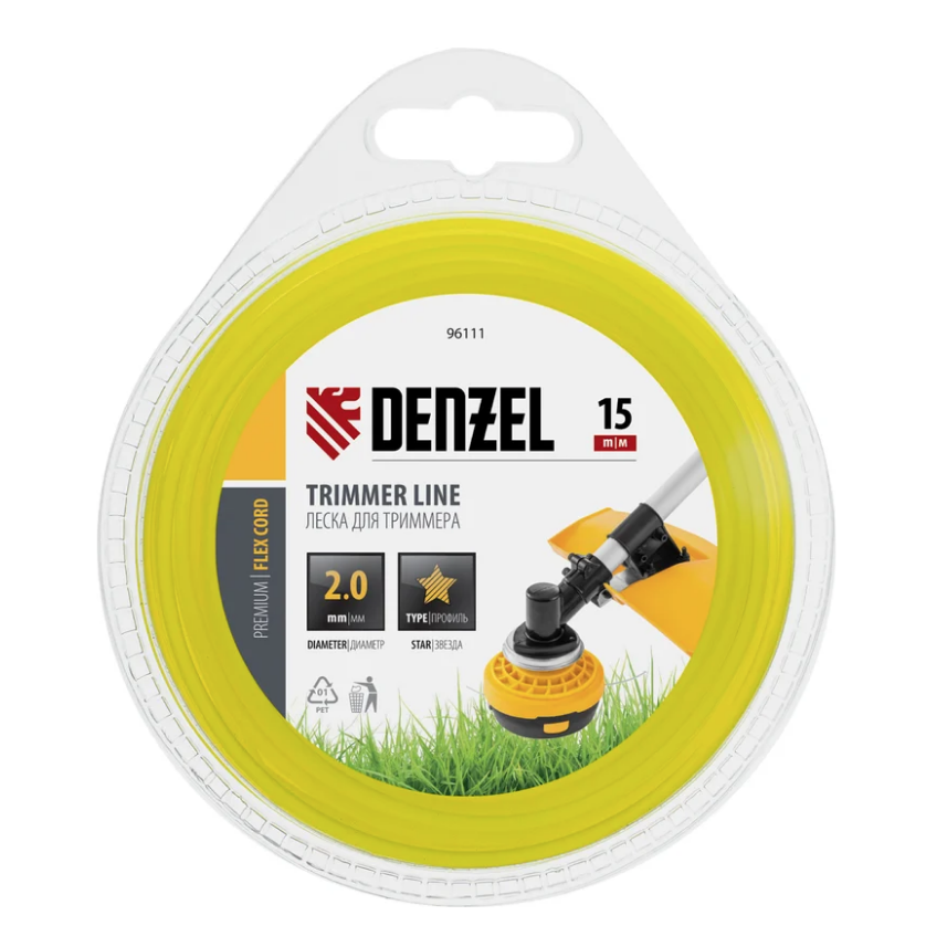 Леска для триммера звезда 2 мм х 15 м блистер FLEX CORD DENZEL 96111