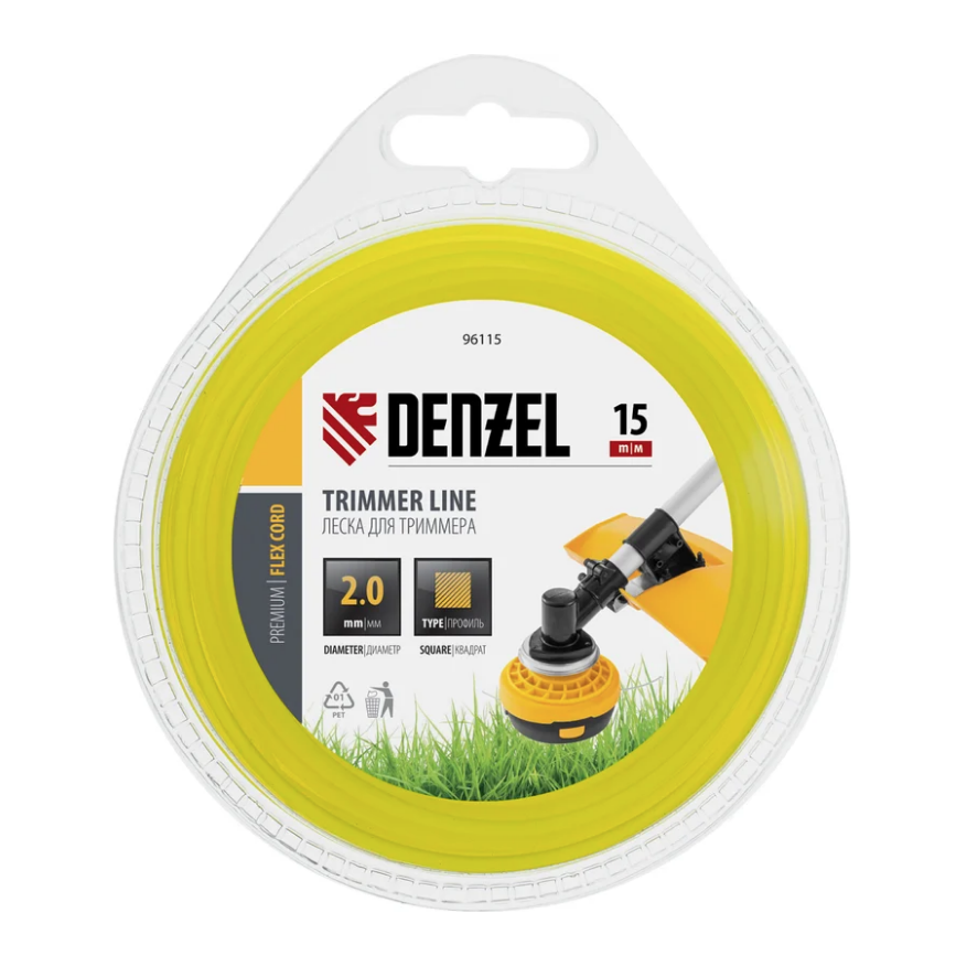 Леска для триммера квадрат 2 мм х 15 м блистер FLEX CORD DENZEL 96115