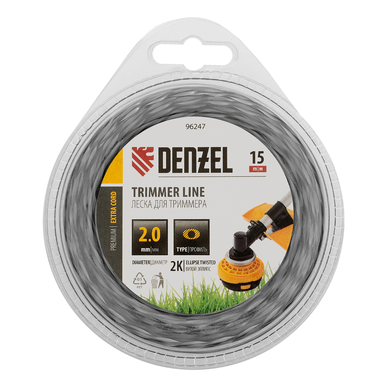 Леска для триммера двухкомпонентная эллипс, 2,0мм х 15м, блистер EXTRA CORD, Denzel