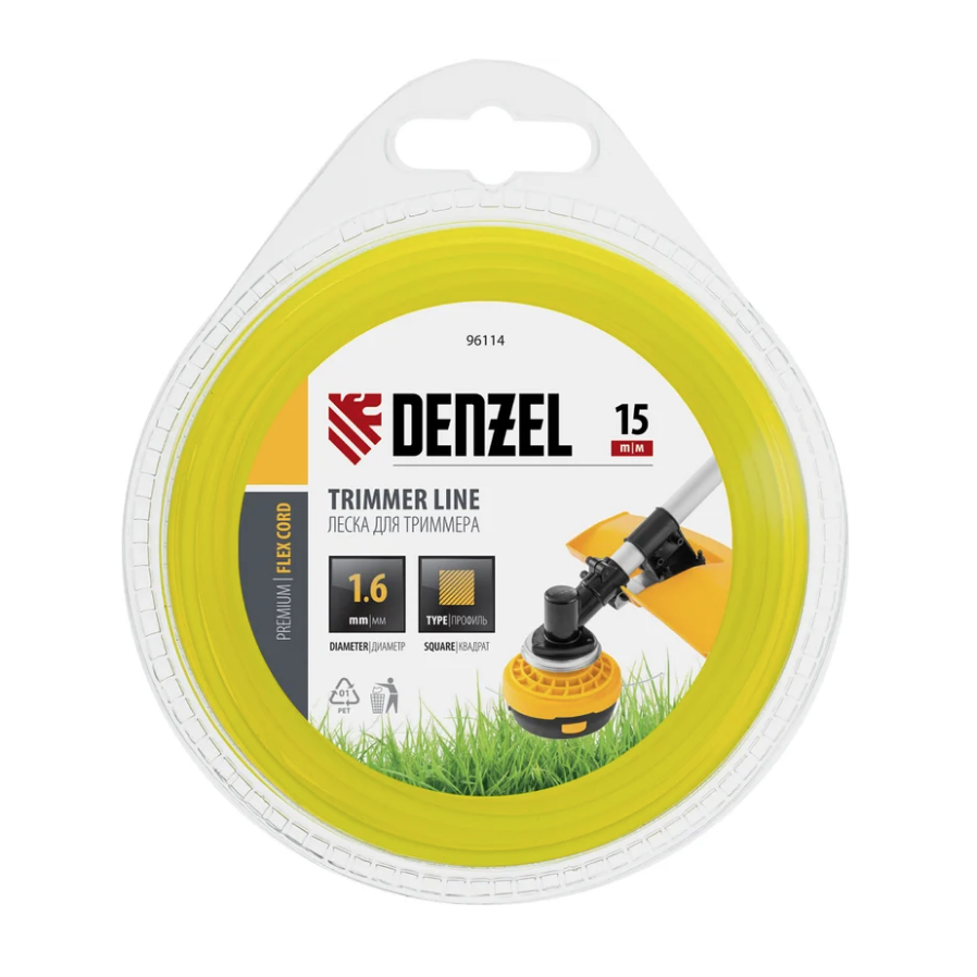Леска для триммера квадрат 1,6 мм х 15 м блистер FLEX CORD DENZEL 96114