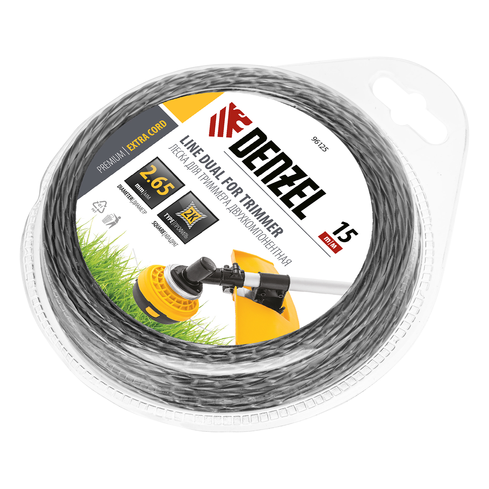 Леска двухкомпонентная для триммера, квадратная, 2.65 мм x 15 м, EXTRA CORD Denzel
