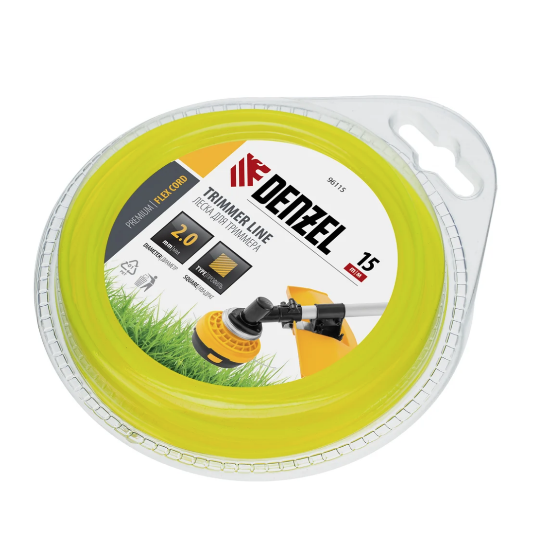 Леска для триммера квадрат 2 мм х 15 м блистер FLEX CORD DENZEL 96115