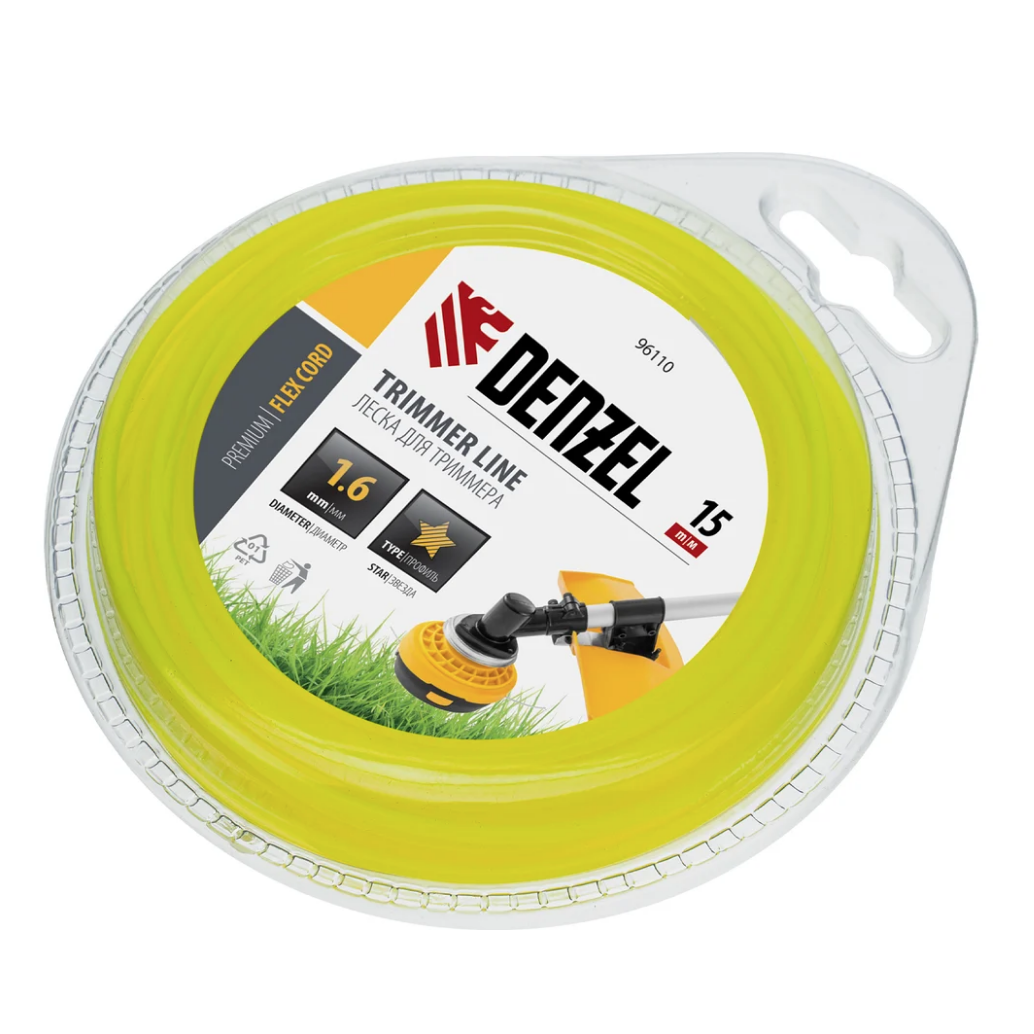 Леска для триммера звезда 1,6 мм х 15 м блистер FLEX CORD DENZEL 96110