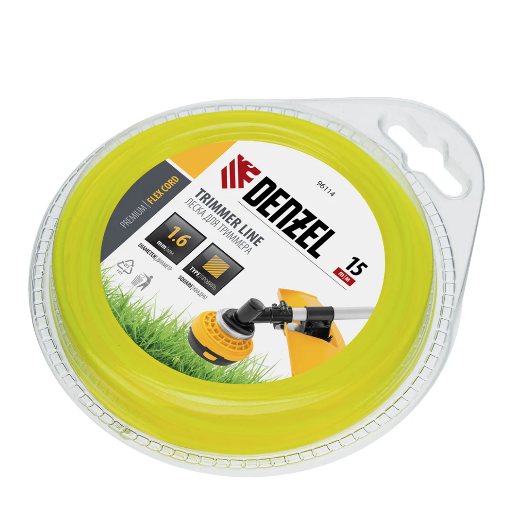 Леска для триммера квадрат 1,6 мм х 15 м блистер FLEX CORD DENZEL 96114