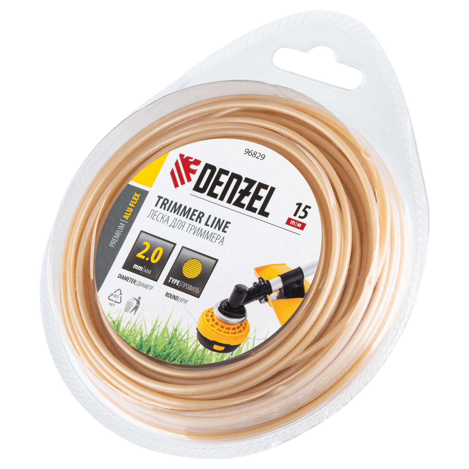 Леска для триммера армированная алюминием круглая, 2,0мм х 15м, блистер ALUFLEX Denzel