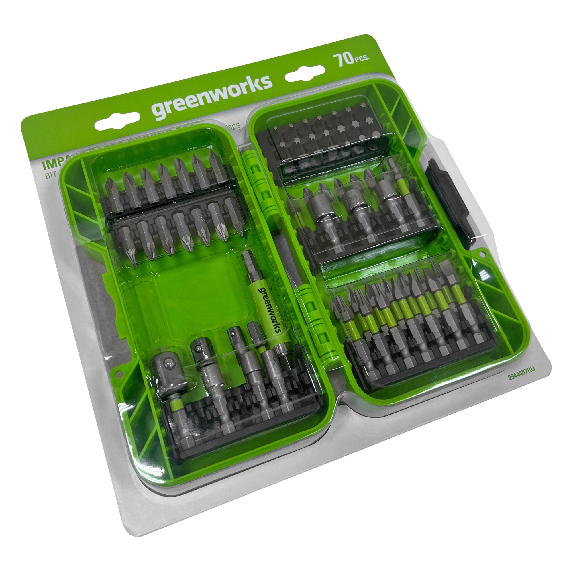 Набор бит, торцевых головок и адаптеров Greenworks 2944407 (70 шт.), в кейсе