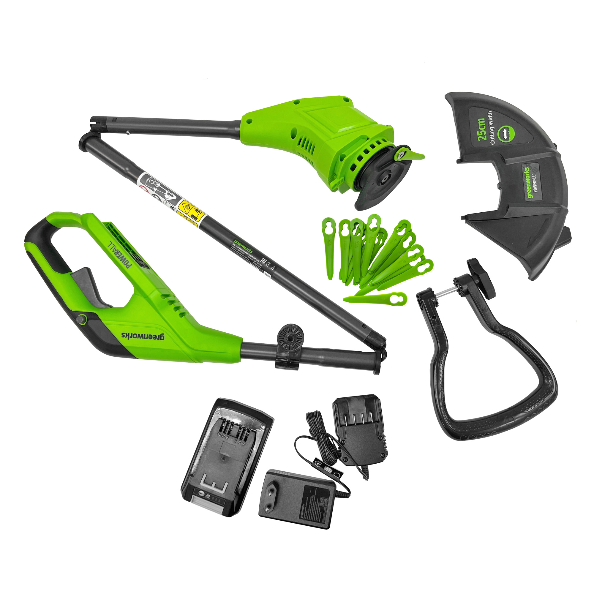 Триммер аккумуляторный Greenworks 25 см 24V G24LT251 2113307SA с пластиковым ножом, с АКБ на 2 А*ч и ЗУ