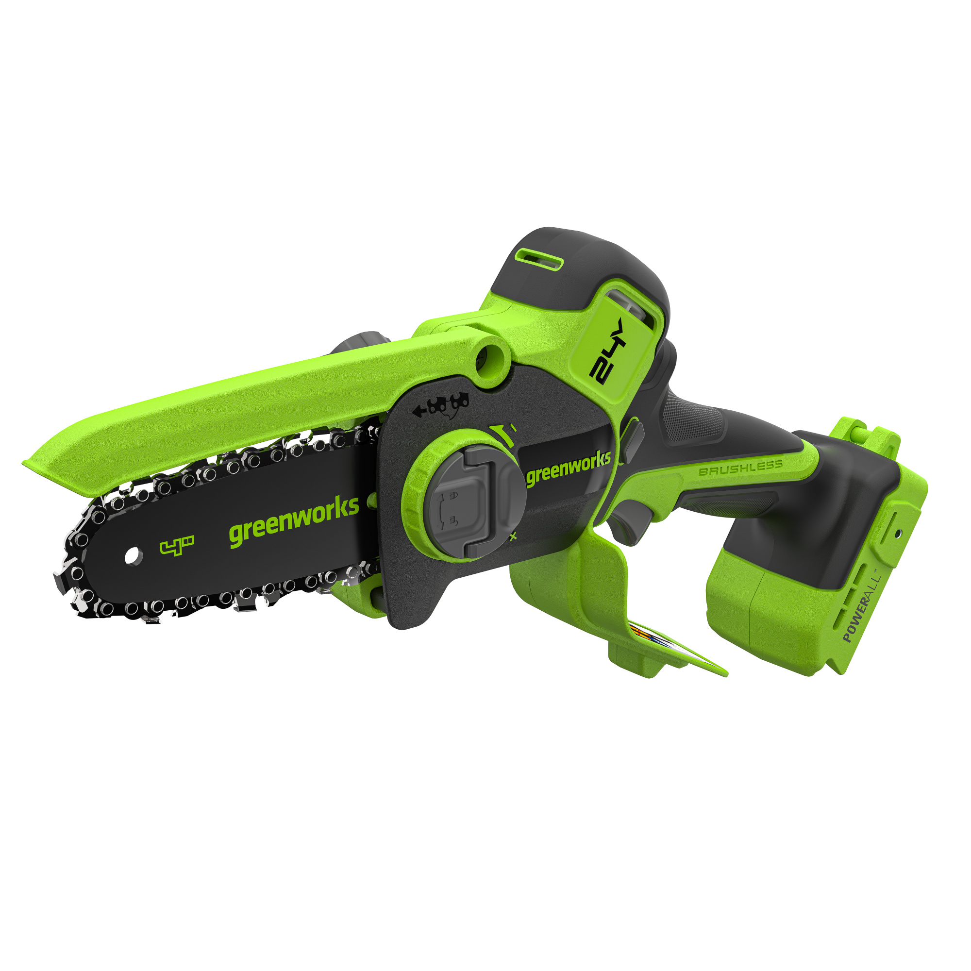 Мини-пила аккумуляторная цепная Greenworks 10 см 24V CS2410A с автоматической смазкой цепи, бесщёточная, без АКБ и ЗУ