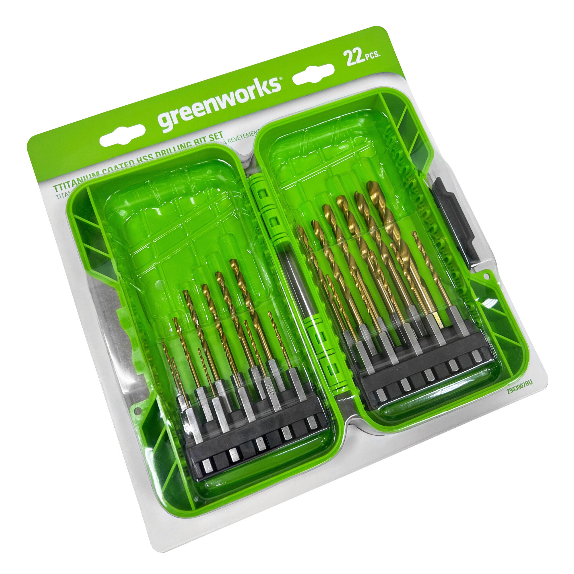 Набор свёрел HSS-TiN 1,5-8,0 мм с шестигранным хвостовиком Greenworks 2943907 (22 шт.), в кейсе