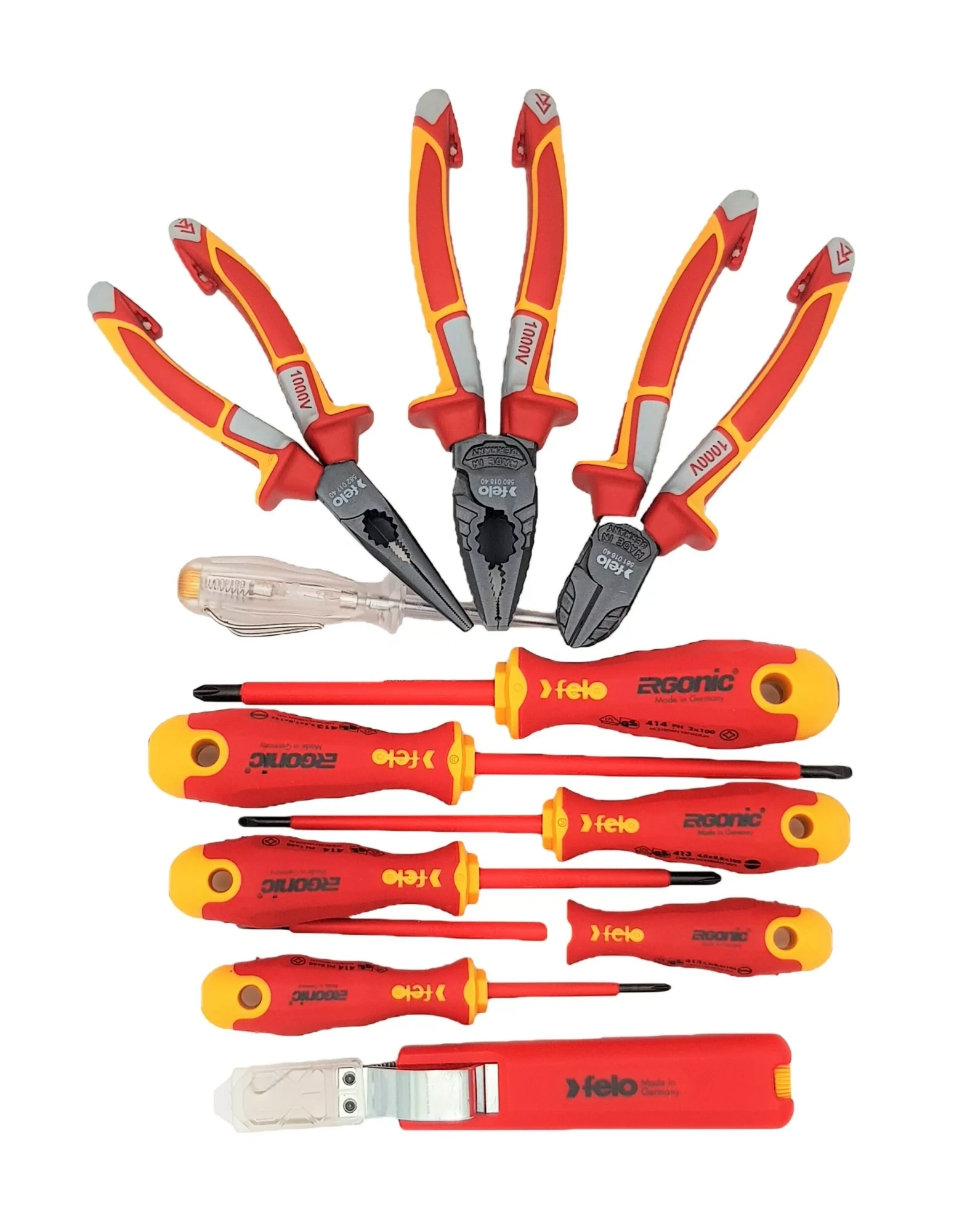 Felo Набор диэлектрических отверток SL/PH ERGONIC, бокорезов, плоскогубцев, длинногубцев, стриппера и отвертки тестера напряжения сети в сумке 41391104
